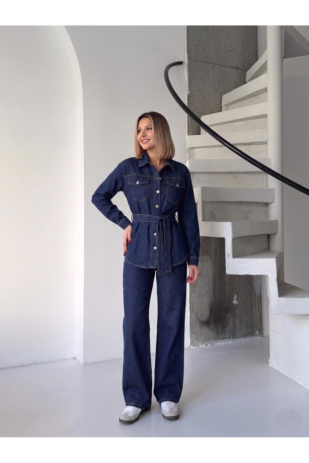 Dark Blue Denim Jumpsuit with Double Belt at the Top and Bottom