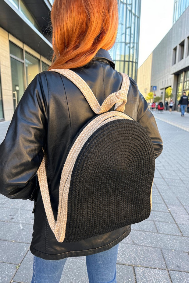 Handmade Black Cream Backpack with Zippered Inner Pocket, Modern and Stylish for Daily Use