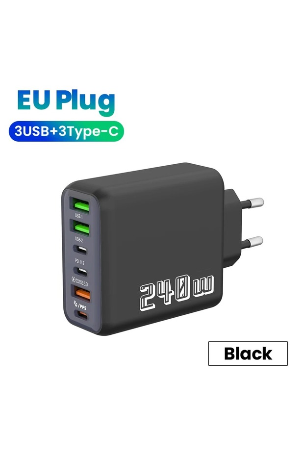 Black EU 240W 6 Port USB C Charger PD3.0 QC3.0 Fast Phone Charger Wall Adapter for iPhone 16 15 Pro