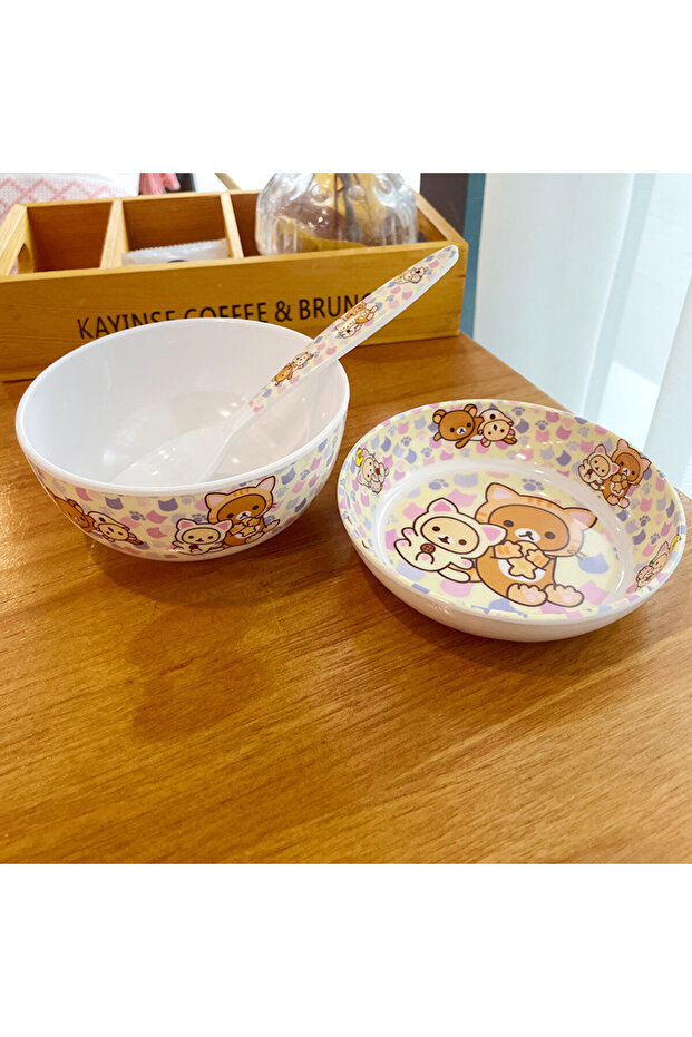 3pcs Rilakkuma Cute Tableware Bowl Spoons Forks Chopsticks Plate Fruit Snack Plate Food Bowl Cup Ant