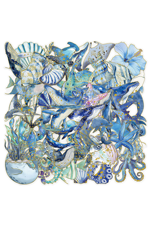 50-Pack 50-Pack Gold Foil Ocean Animal Doodle Stickers Waterproof Decor Decals for Students Statione