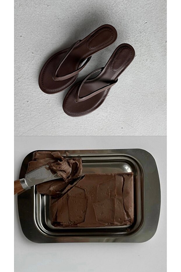 Arel Acıkahve Matte Leather Flip Flops with Heels