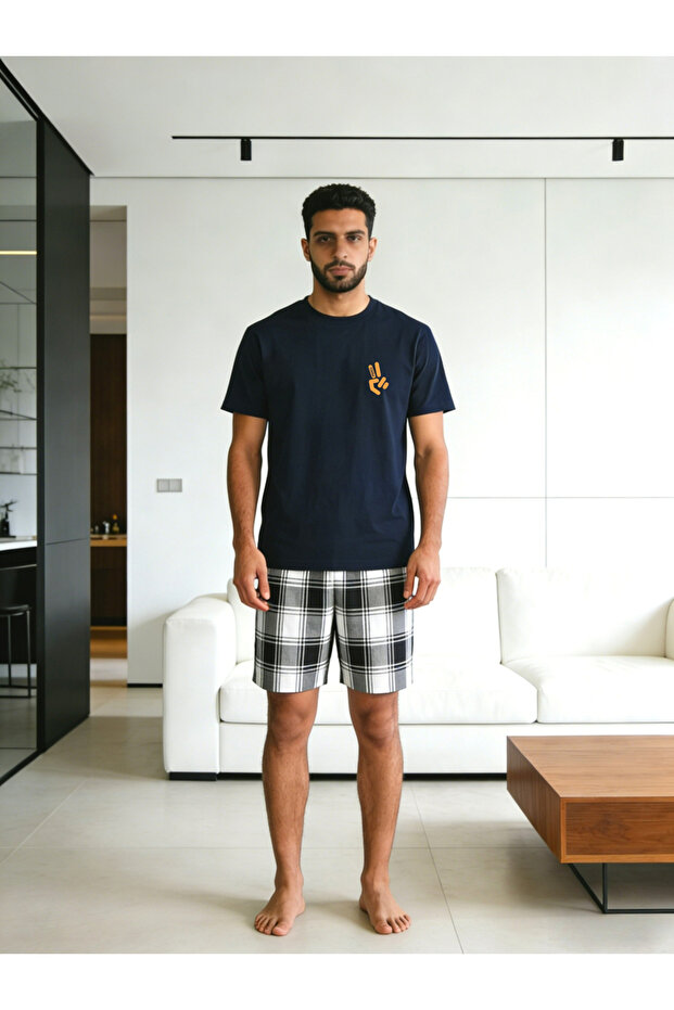 Men Printed Round Neck T-Shirt and Checked Shorts Set