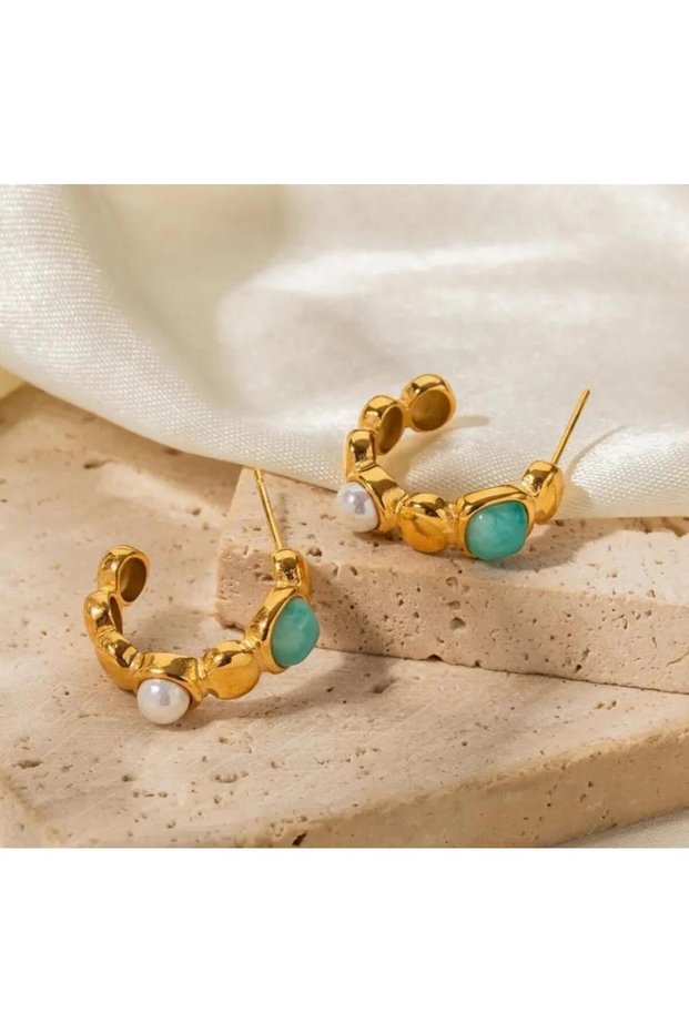 Pearl and Turquoise Stone Hoop Steel Earrings Gold Color Modern Women's Earrings