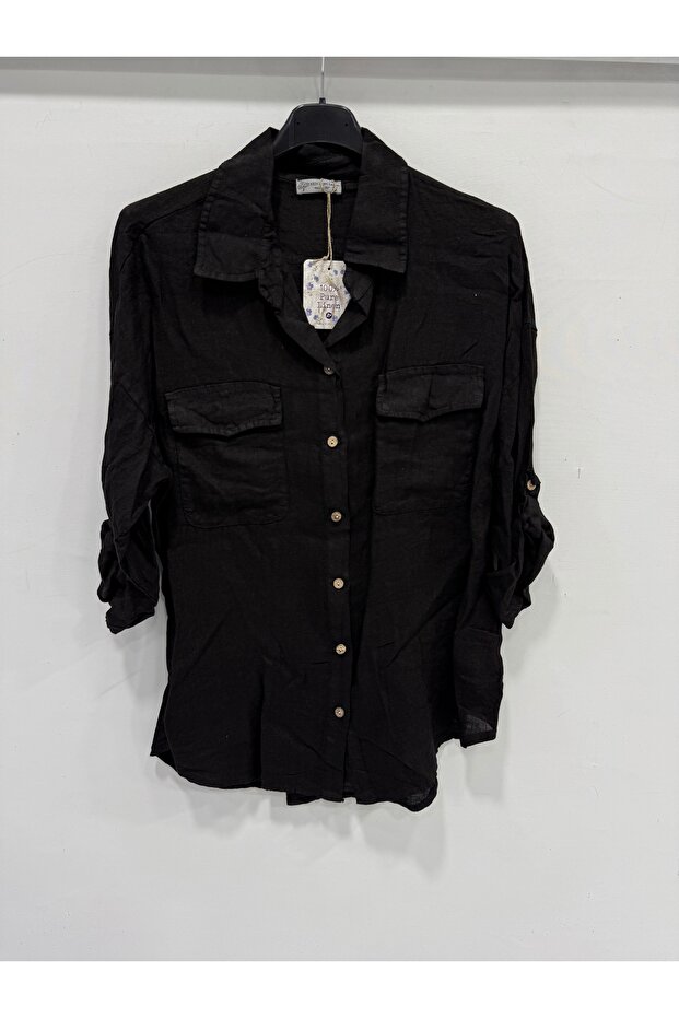 Women's Black Italian Folded Long Sleeve Oversize Long Linen Shirt 40 - 44 Size