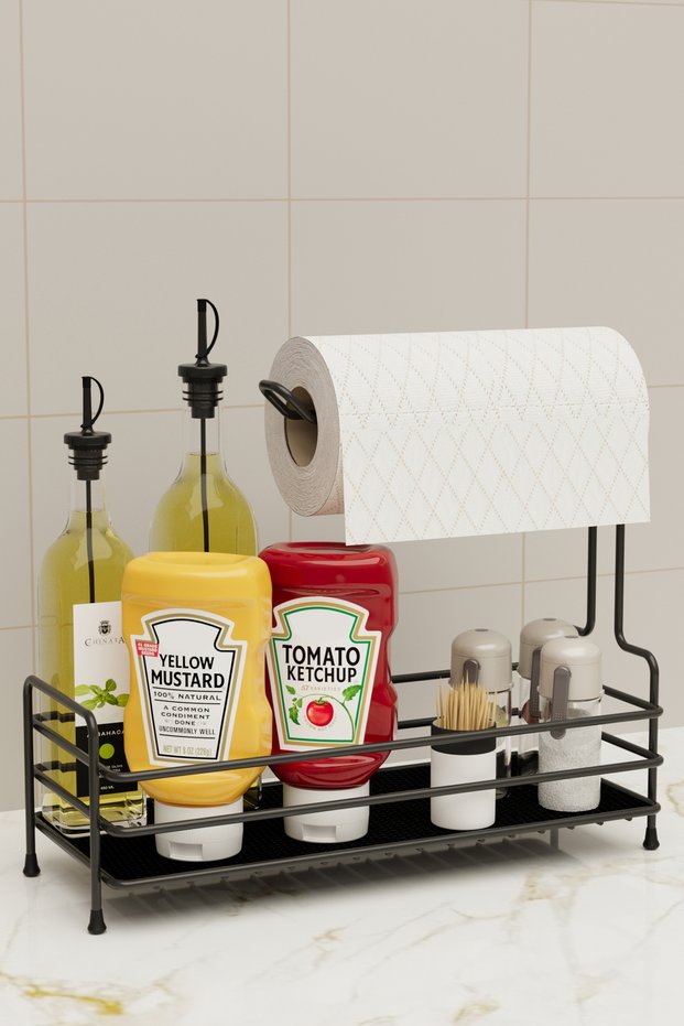 Countertop Spice Rack with Paper Towel Holder, Sauce Holder, Bathroom Kitchen Organizer, Cosmetic Shelf