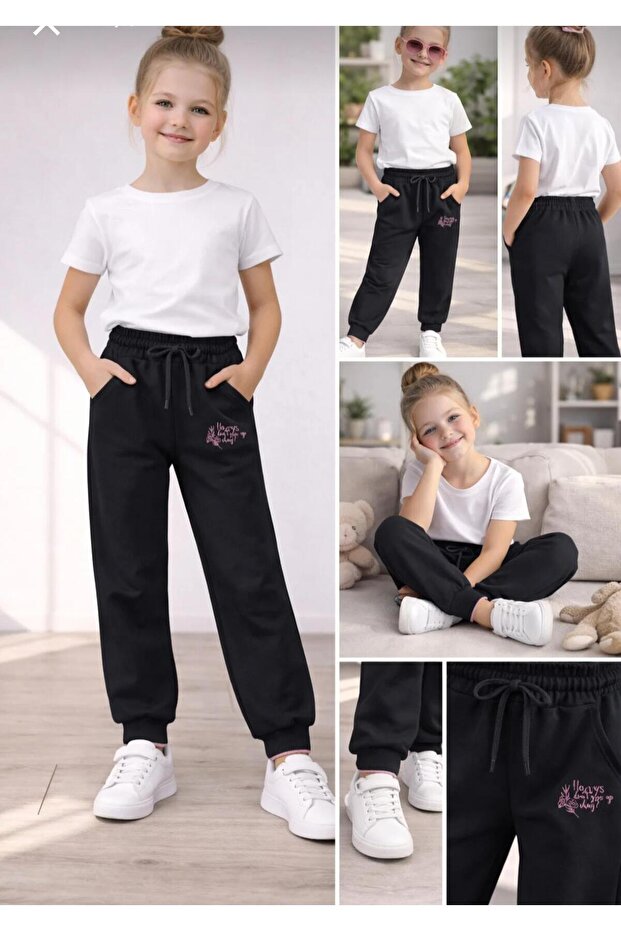 Girl's Black Elastic Waist Double Ribbed Sweatpants 4494-1