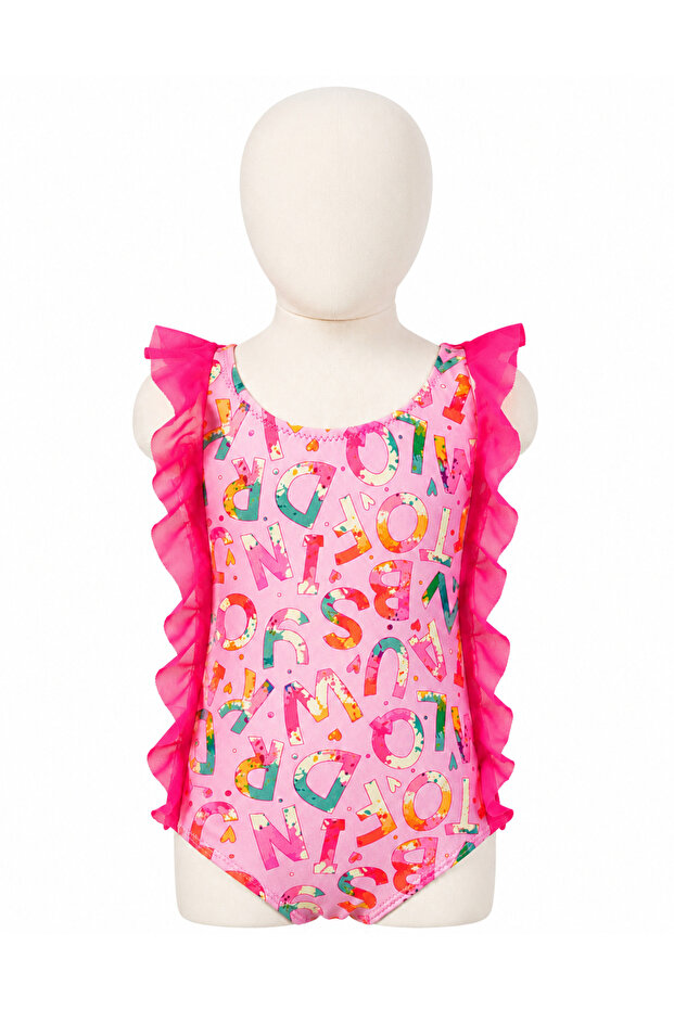 Ruffle Detailed Patterned Swimwear Stretch Fabric Girls Swimwear