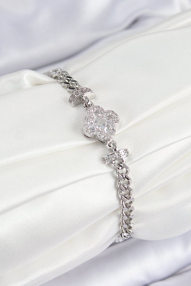 Brass Zircon Stone Clover Model Silver Color Women's Bracelet 5886 - Eterna3187-6330