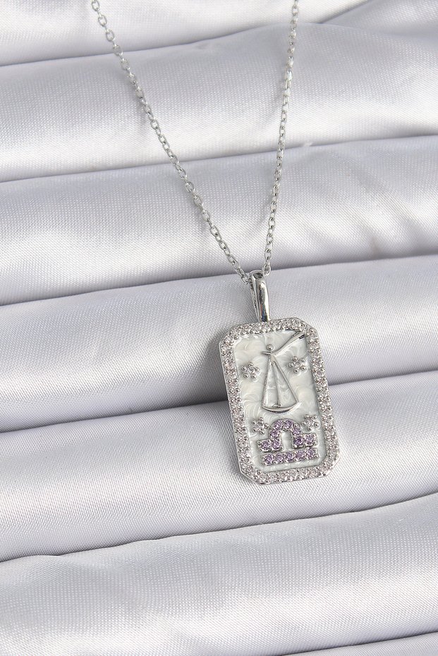 316L Steel Silver Color Libra Zodiac Sign Zircon Stone Women's Necklace 5886 - Teolsa7924-9733