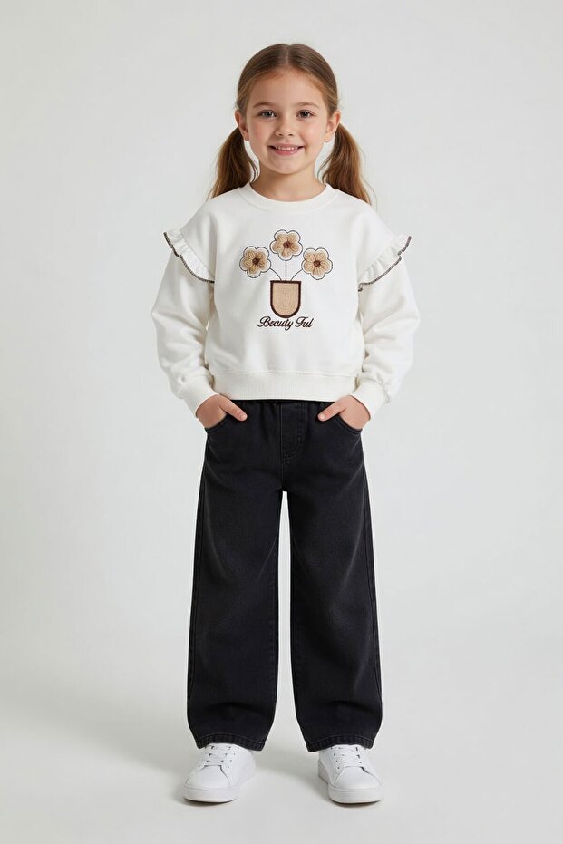 Ecru Floral Embroidered Ruffle Jean Pants Girls' Set 24557