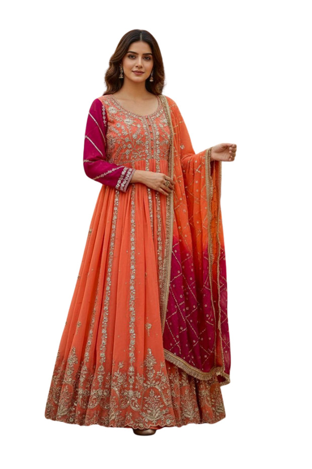 Peach Georgette Sequins Embroidered Anarkali Gown with Dupatta - HRT7761 | Peach