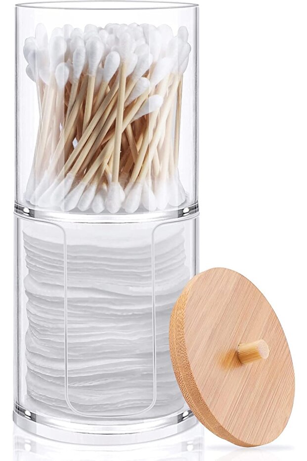 Silk Route Acrylic Cotton Round Pad Holder and Qtip Holder Dispenser Set with Bamboo Lid