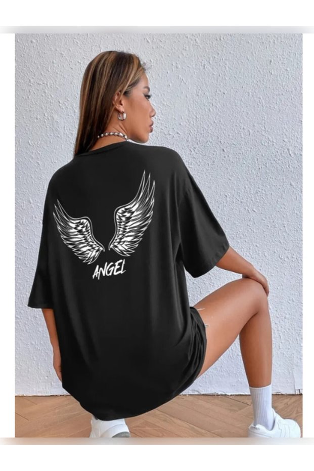 Unisex Oversized Printed Crew Neck Short Sleeve Black T-Shirt