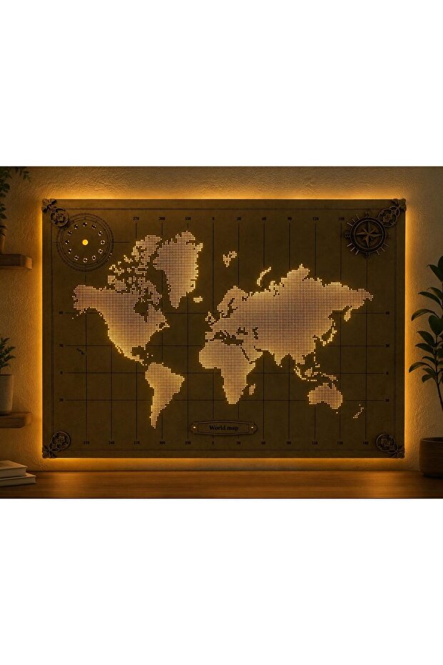 Işıklı Dünya Haritası Tablo LED Duvar Dekoru 45x65 cm - 1