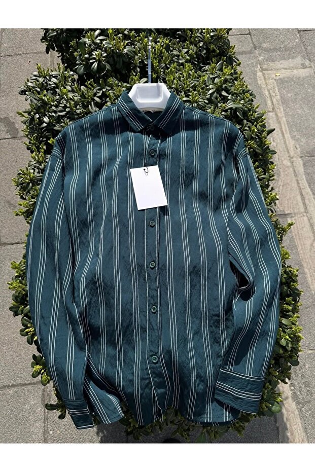 Men's Three Stripes Linen Oversize Relaxed Fit Long Sleeve Summer Shirt