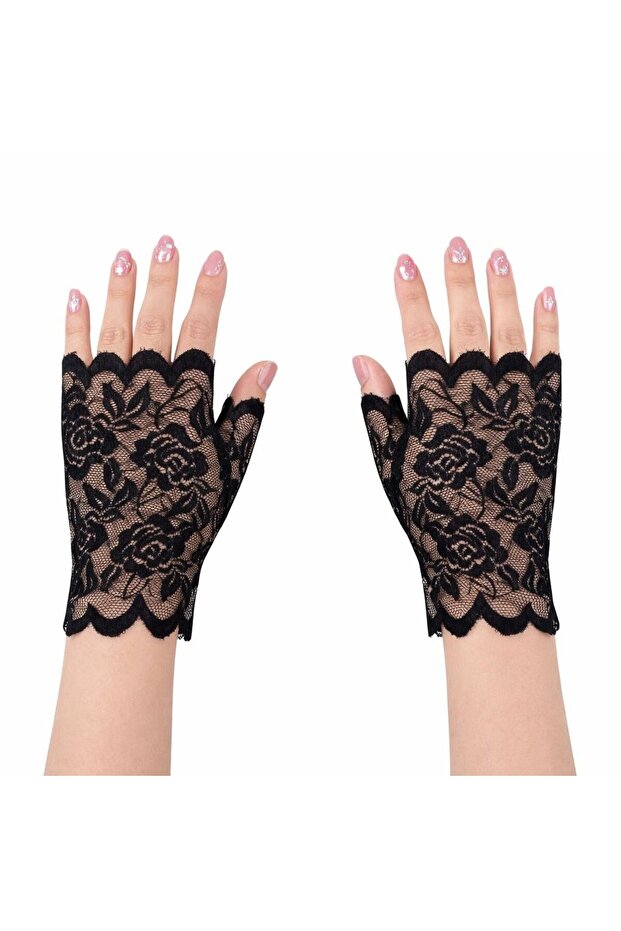 Black Lace Fingerless Short Gloves