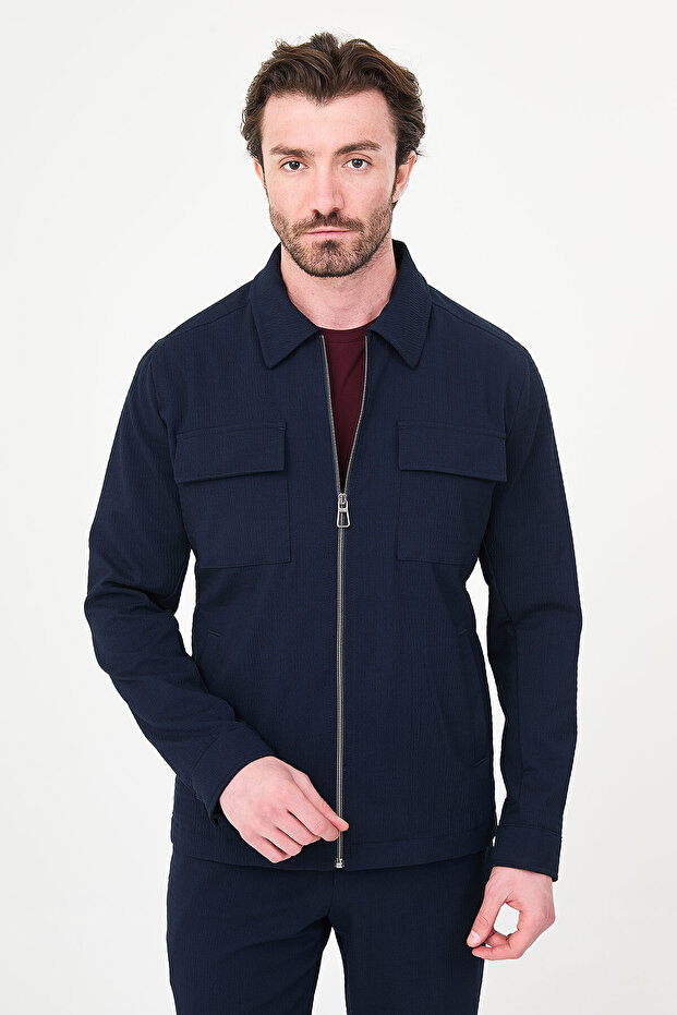 Textured Slim Fit Shirt Collar Seasonal Men's Coat Navy Blue - 39668.26Y