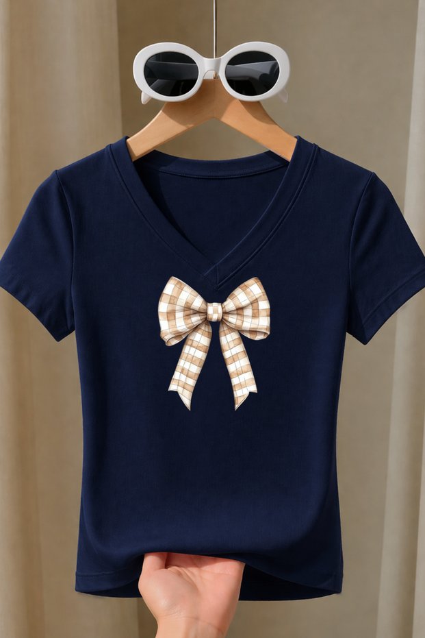 Women's Plaid Bow Printed Basic Daily Use V-Neck Slim Fit Lycra T-Shirt