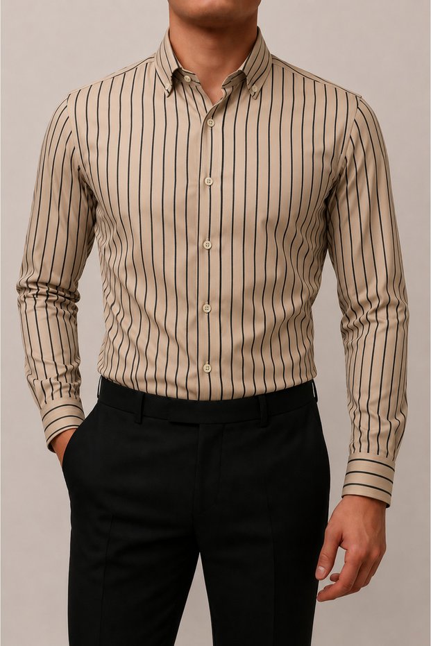 Black and White Striped Slimfit Long Sleeve Easy-Iron Sweat-Absorbing Breathable Fabric Men's Shirt