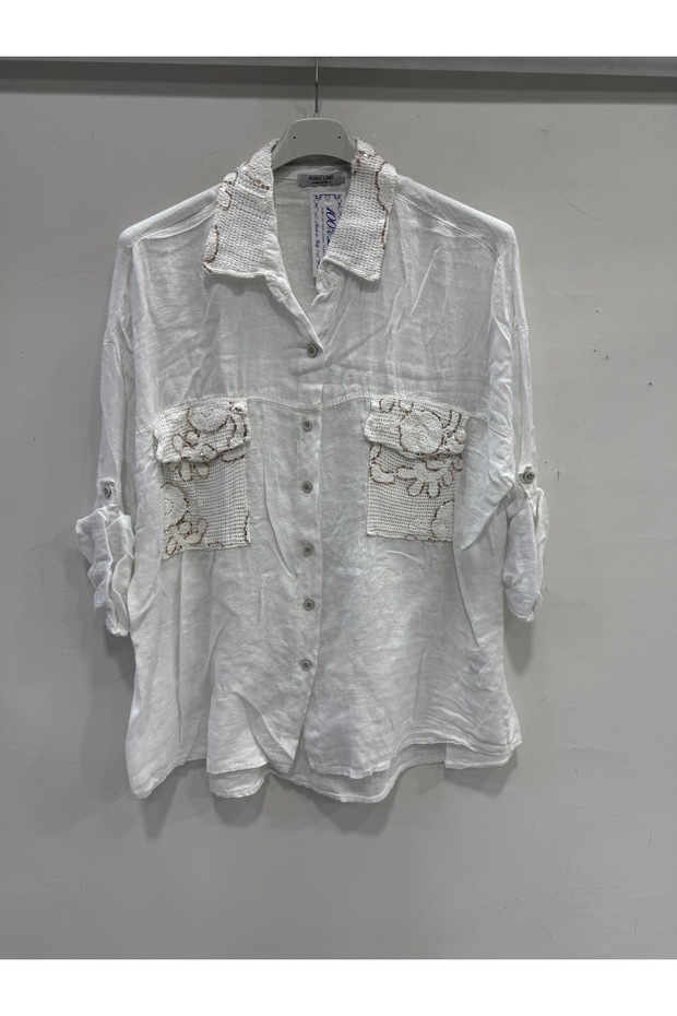 Women's White Italian Collar Sequin Embroidered Foldable Long Sleeve Oversize Linen Shirt Size 40 - 46