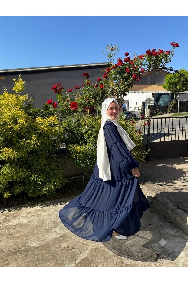 Women's Ruffled Lace Detailed Hijab Maternity Chiffon Dress - Navy Blue