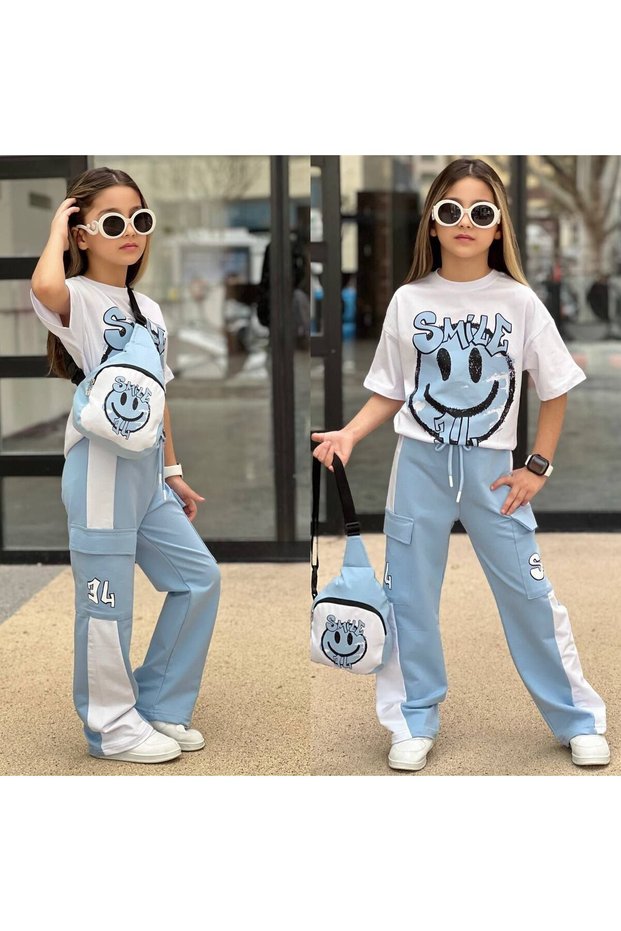 Girl's Emoji Printed Tracksuit with Bag and Cargo Pocket Sweatshirt/Sweatshirt 3-Piece Set