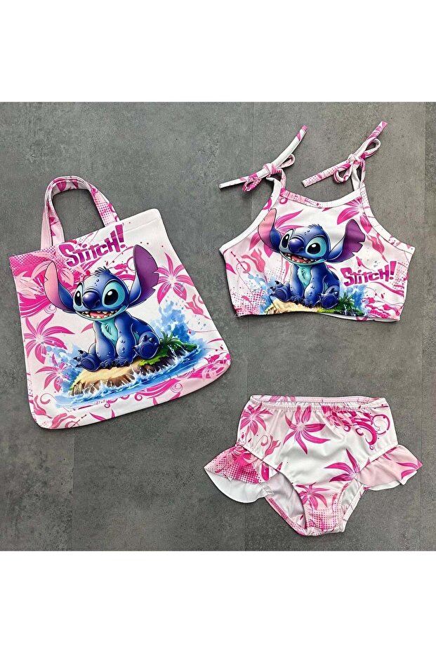 Girl's Pink-White Bikini Set with Bag