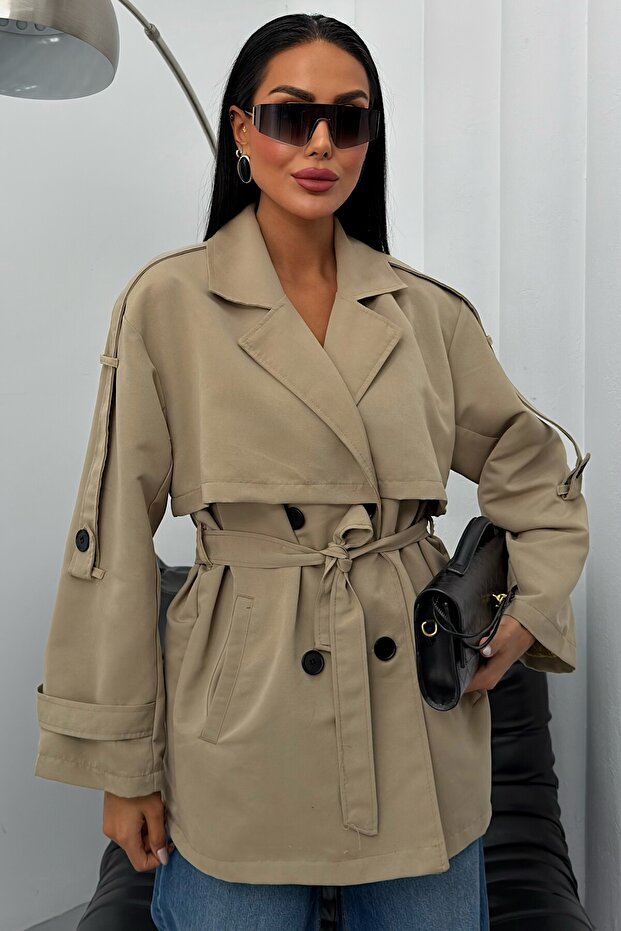 Women's Seasonal Linen Oversized Trench Coat - Buttoned Belted Double-Breasted Collar Short Trench Jacket
