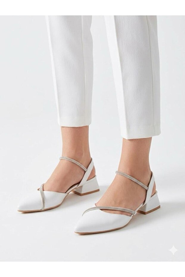 Women's White Thick Heel Comfortable Fit Heeled Ballerina Shoes