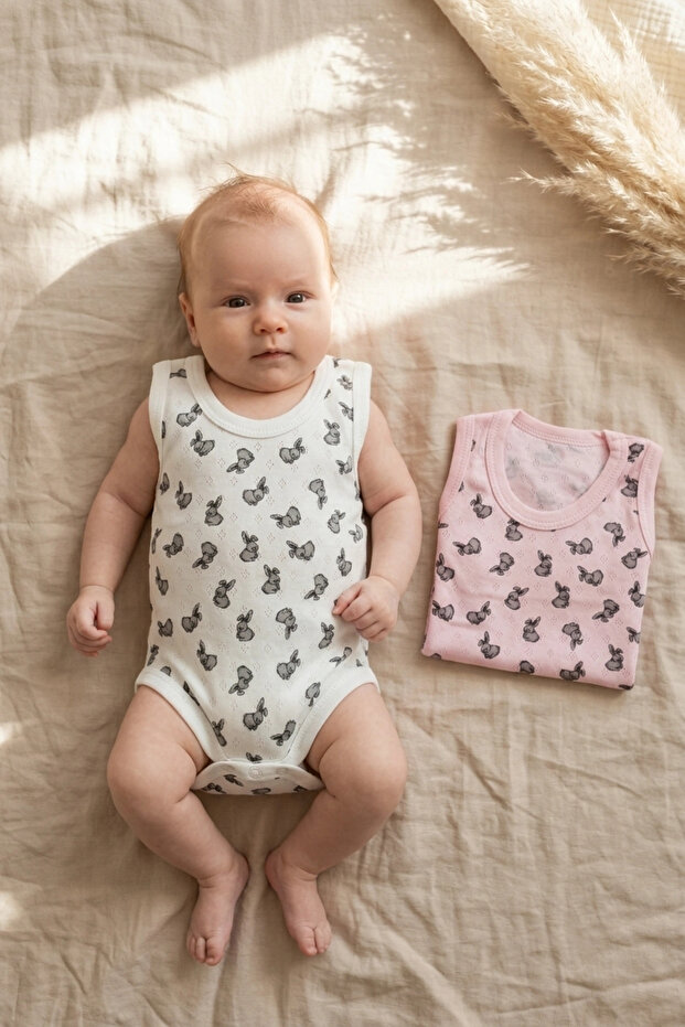 2-Piece Baby Sleeveless Bodysuit Set - 100% Cotton Breathable Pointelle Textured Rabbit Pattern Bodysuit Set