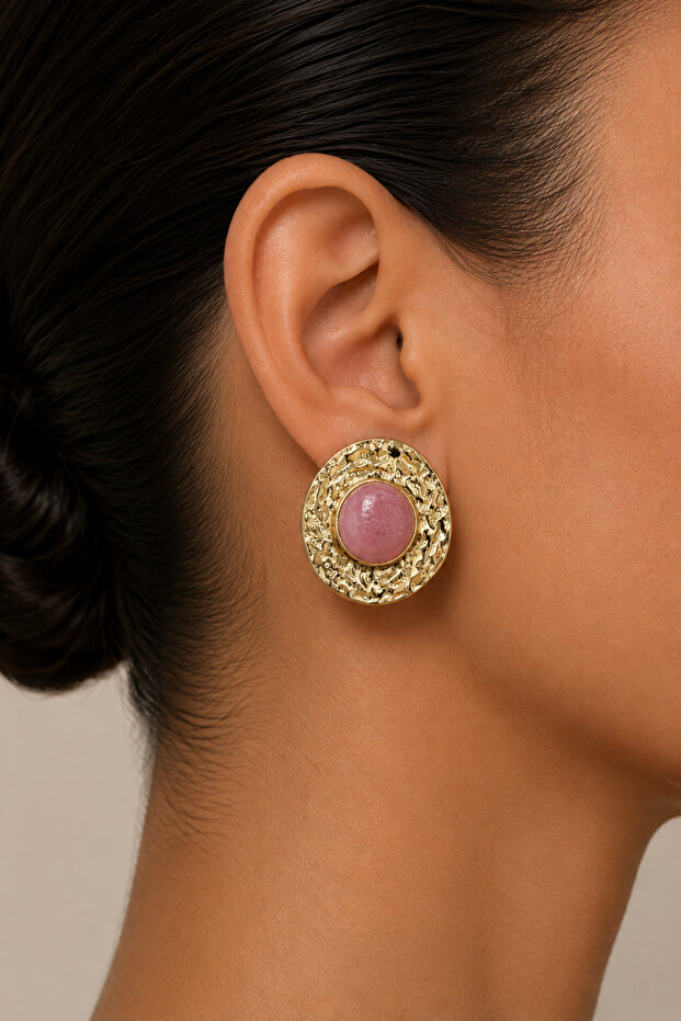 Nova Women's Pink Stone Yellow Textured Steel Stud Earrings