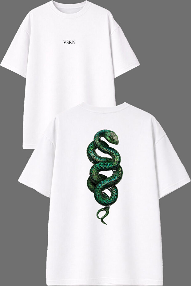 تي شيرت أبيض كبير الحجم بتصميم Green Nervous Snake مطبوع من الأمام والخلف