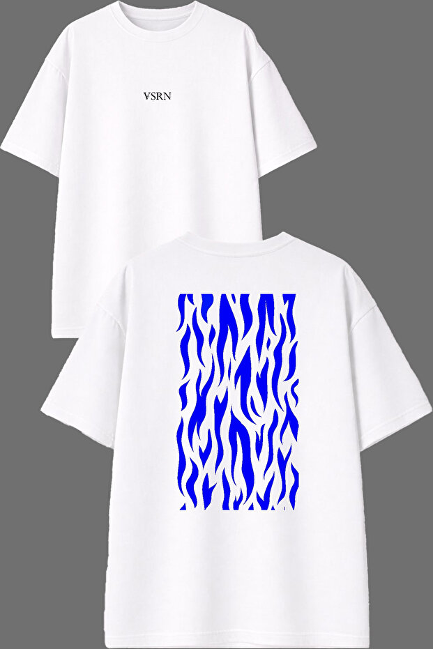 Blue Patterns Design Front and Back Printed White Oversize T-Shirt