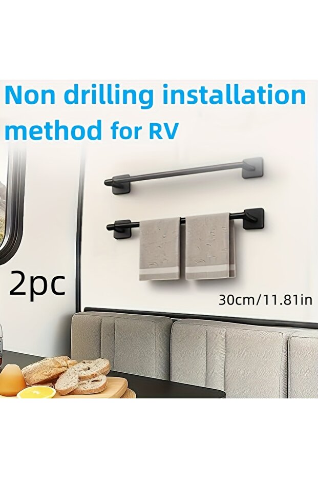 2pc Black30cm 2pc no-drill RV towel racks for wall storage in campers save space perfect for bathroo