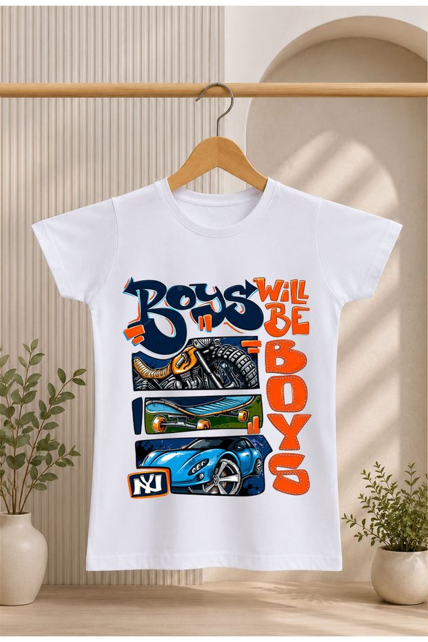 Children's T-Shirt with Car Print and Text, 100% Cotton, Short Sleeve T-Shirt