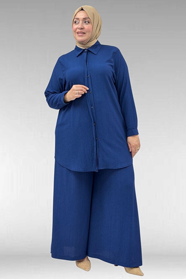 47073 Plus Size Wrinkled Trousers Suit - Navy Blue