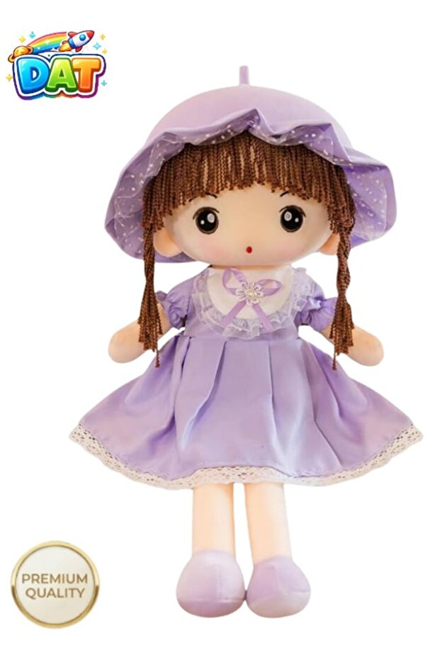 Soft Plush Girl Doll with Lace Ruffle Hat & Braided Hair – Stuffed Toy in Pink, Purple & Mint Green