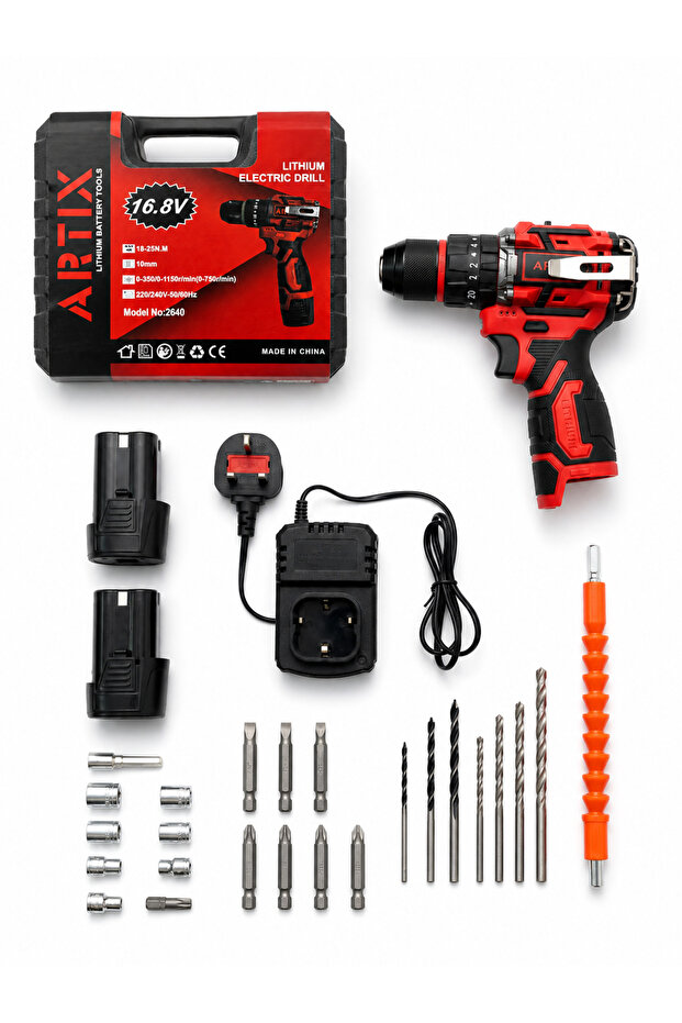 دريل 16.8 فولت بدون فحمات (brushless) مع اكسسوارات, 2 بطارية, راس حديد 10 مم سرعات