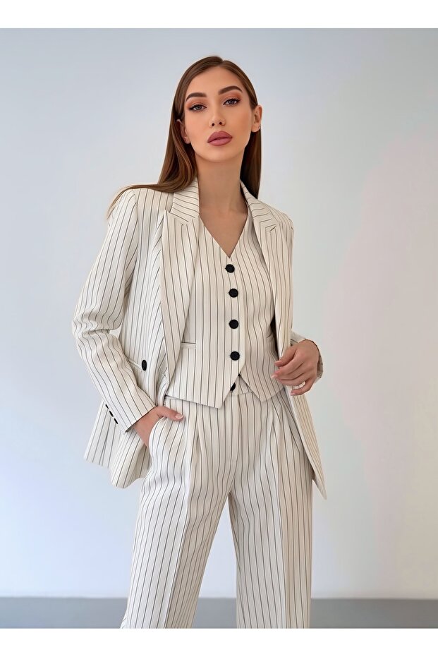 Premium Women's Striped White Jacket Vest Trousers 3-Piece Set – Modern Office Elegance