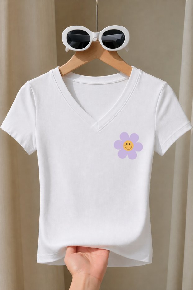 Women's Lilac Smiley Printed Basic Daily Use V-Neck Slim Fit Lycra T-Shirt