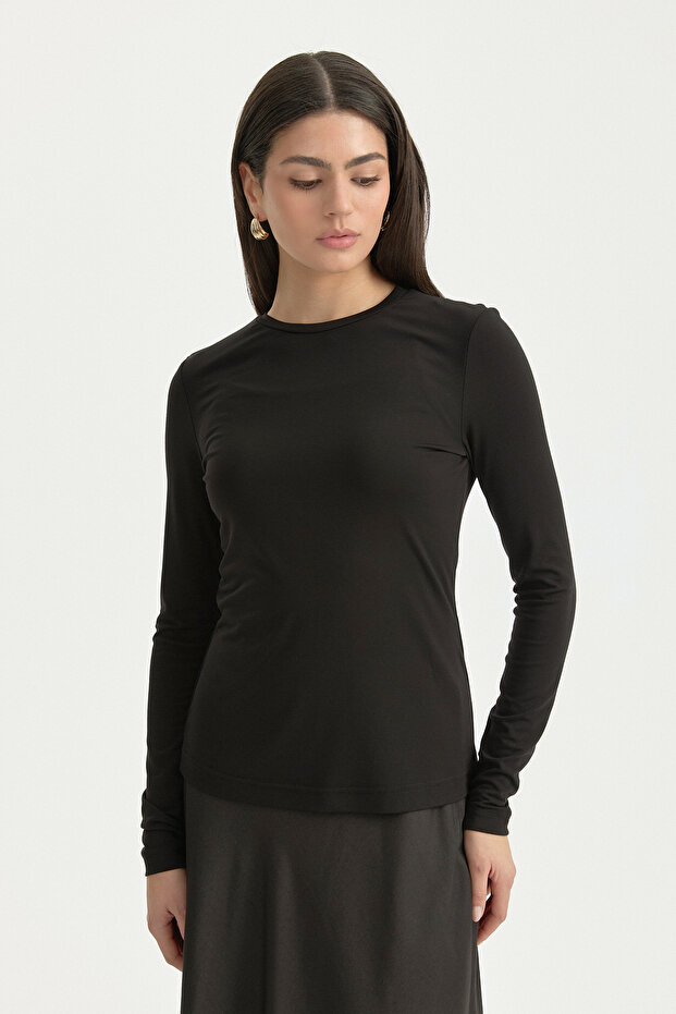 Basic Knitted Rayon Blend Blouse - Black - 2