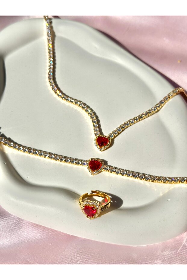 Red Heart Waterway Necklace-Bracelet-Ring Set
