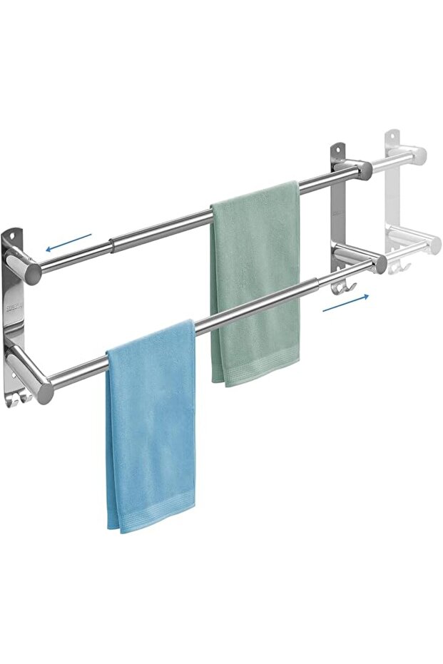 Double-Rod Towel Rack, Telescopic Towel Holder Stand with 2 Hooks Self-Adhesive Towel Rail