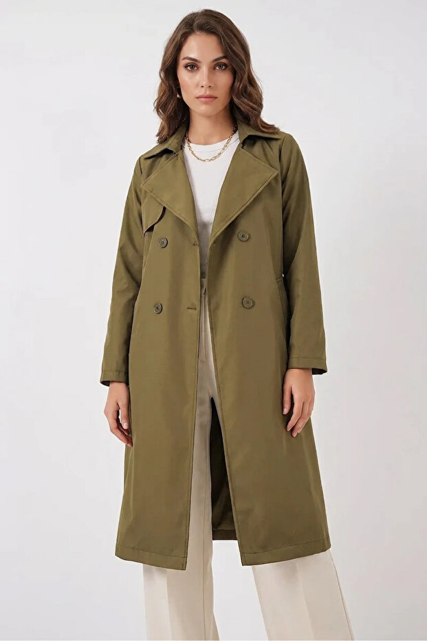 Women's Double Breasted Collar Belted Khaki Trench Coat