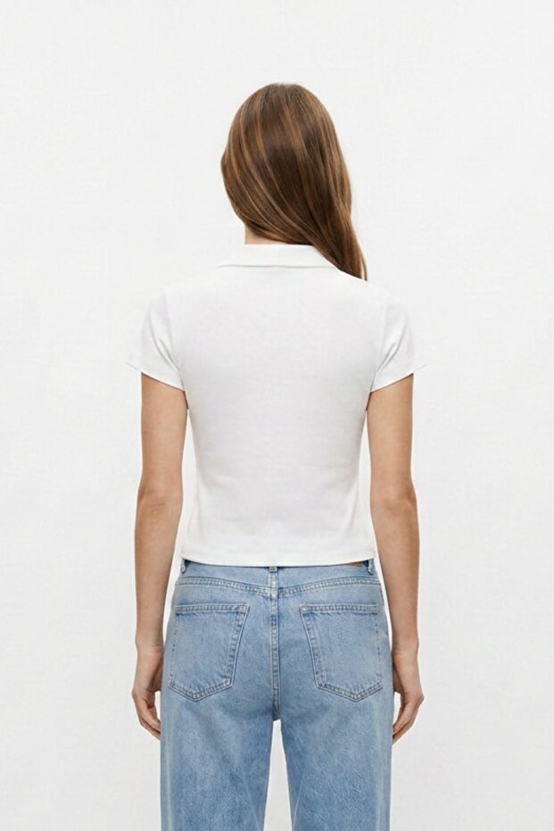 Ekru Polo Yaka Kısa Kol Crop Tişört 26651 - 3
