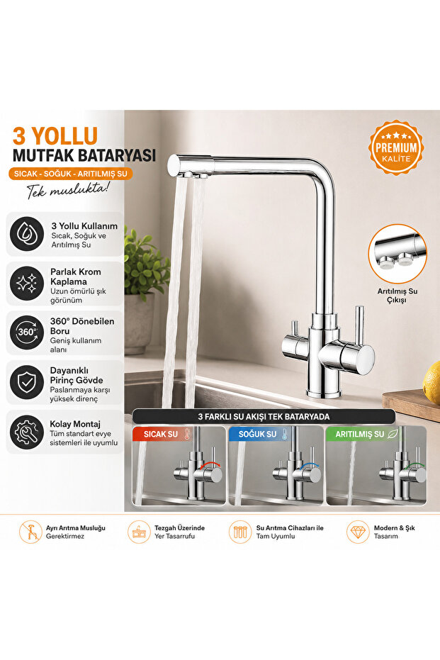 Arıtma Çıkışlı 3 Yollu Musluk Mutfak Eviye Bataryası - 1