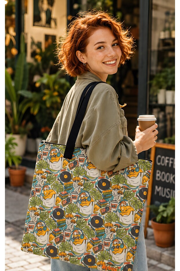 Retro Cat and Book Themed Women's Shoulder Bag - Large Size Oxford Fabric Tote Bag with Zipper 40X