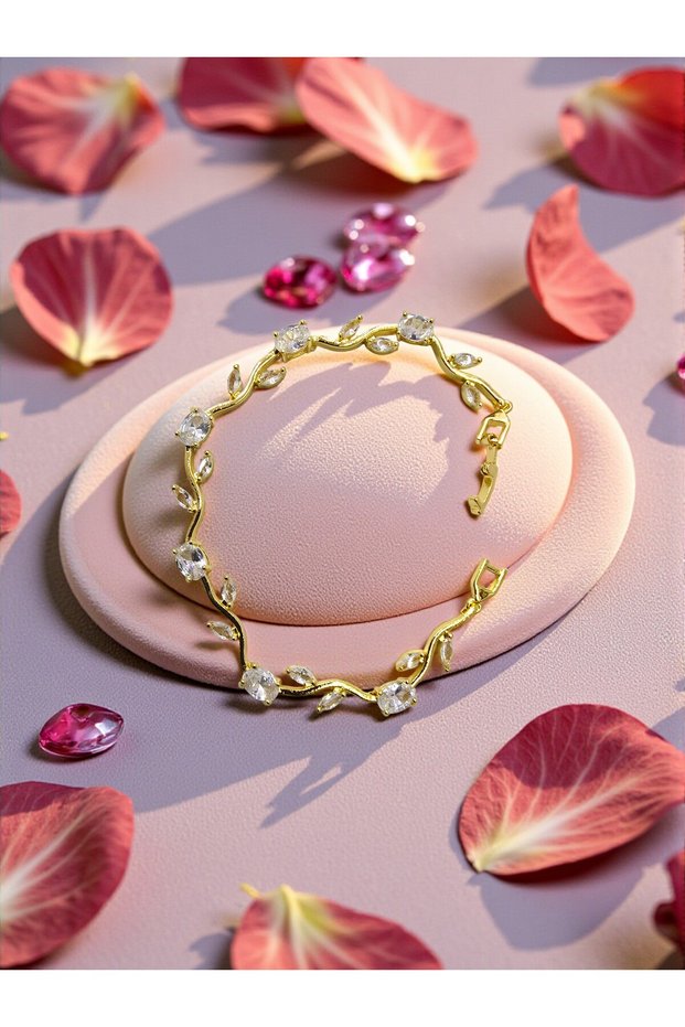 Gold Color White Zircon Stone Ivy Leaf Design Steel Bracelet - Tarnish Resistant - 20cm