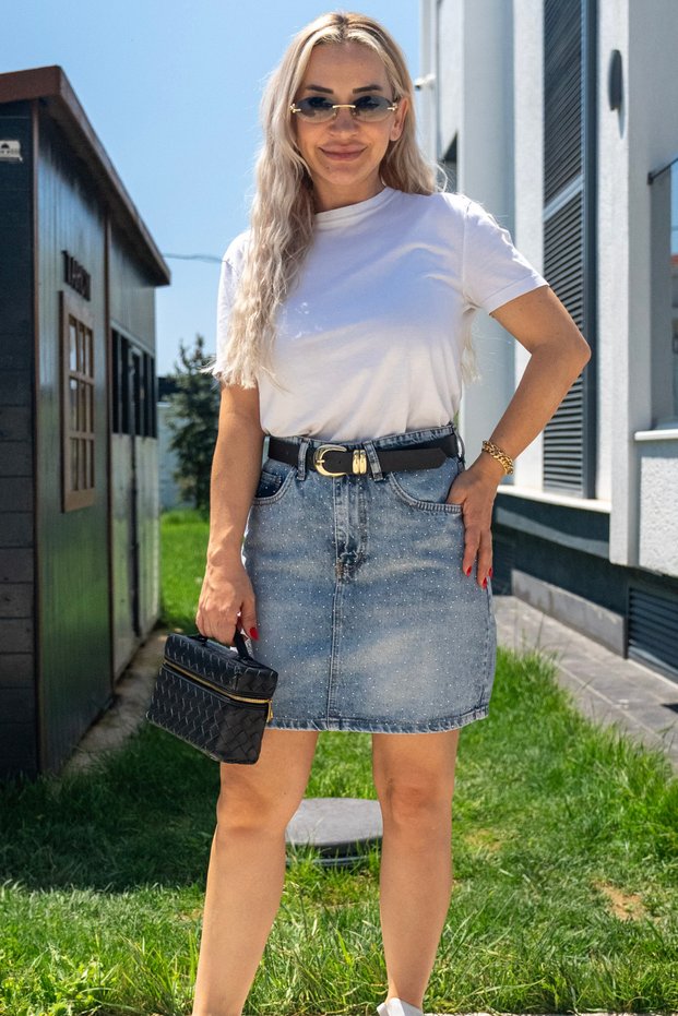Katri Stone Detailed High Waist Mini Denim Skirt – Jean Mini Skirt Model